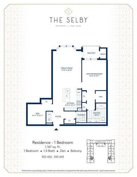 Floor plan for 1 bed, 1.5 baths, 1187 sqft